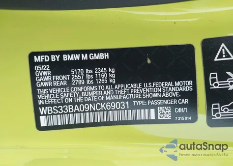 2022 BMW M4 Competition xDrive из США, поврежденный, VIN WBS33BA09NCK69031